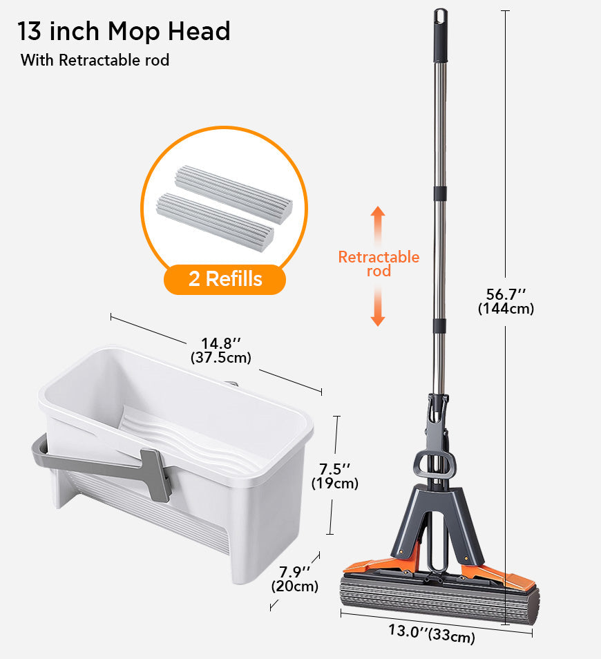BlushBite® Ultra Absorbent Self Squeeze Hand Free Washable Sponge Mop With Bucket Z43