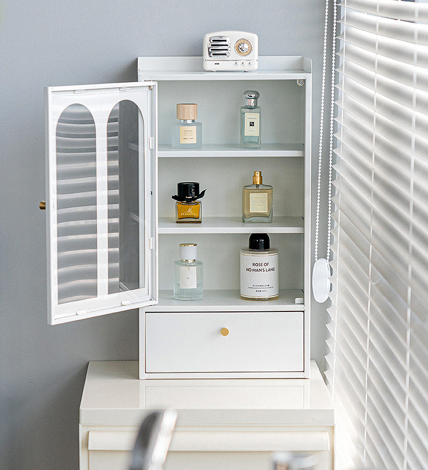 BlushBite® Metal Desktop Display Cabinet With Drawers