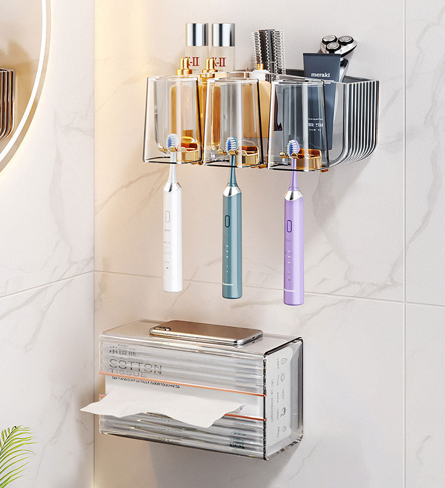 BlushBite® Punch Free Wall Mounted Toothbrush ath For Bathroom With Cups F109