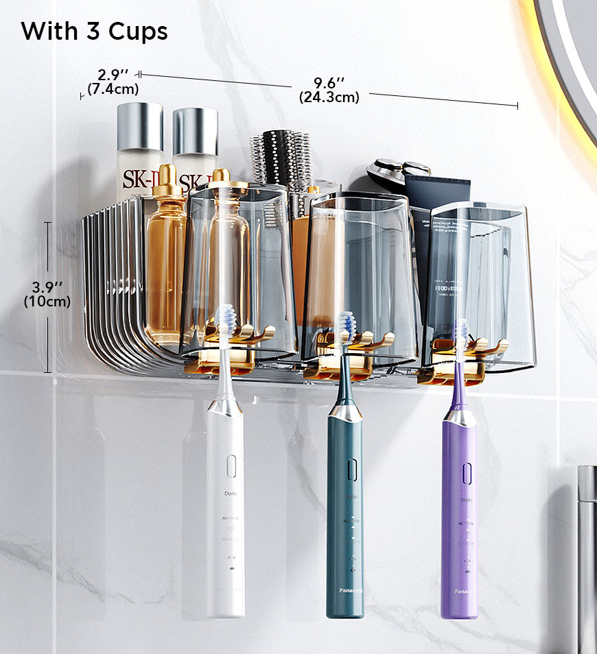 BlushBite® Punch Free Wall Mounted Toothbrush ath For Bathroom With Cups F109