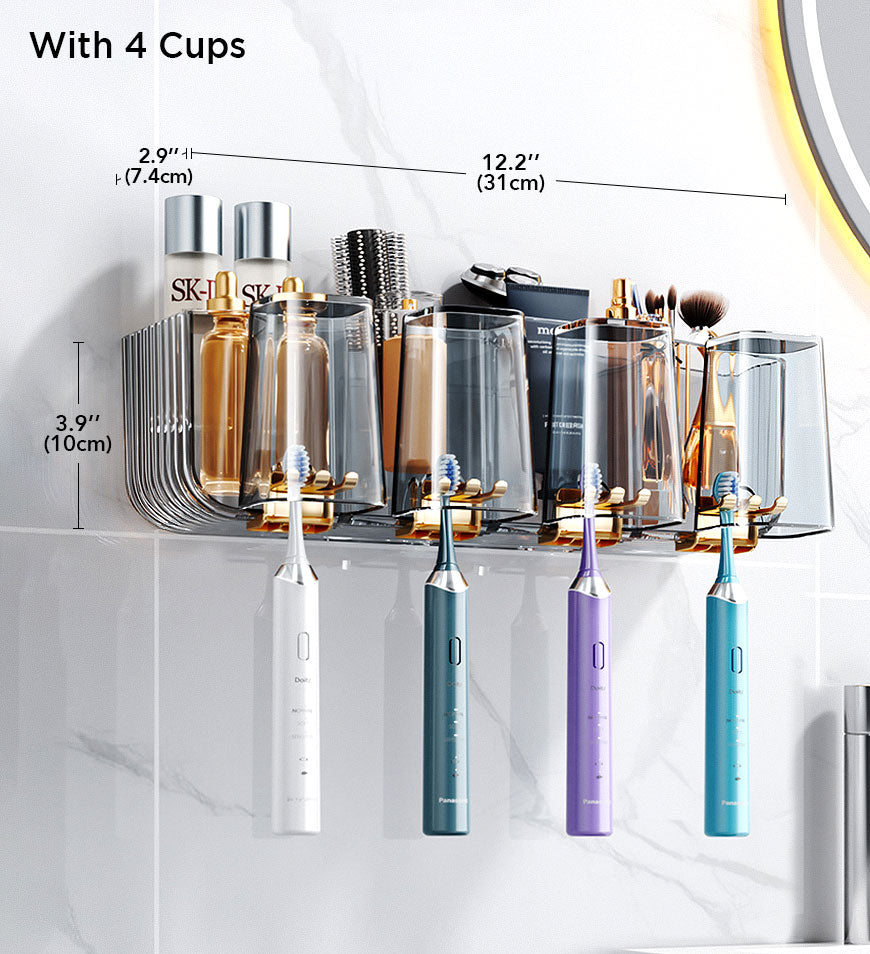 BlushBite® Punch Free Wall Mounted Toothbrush ath For Bathroom With Cups F109